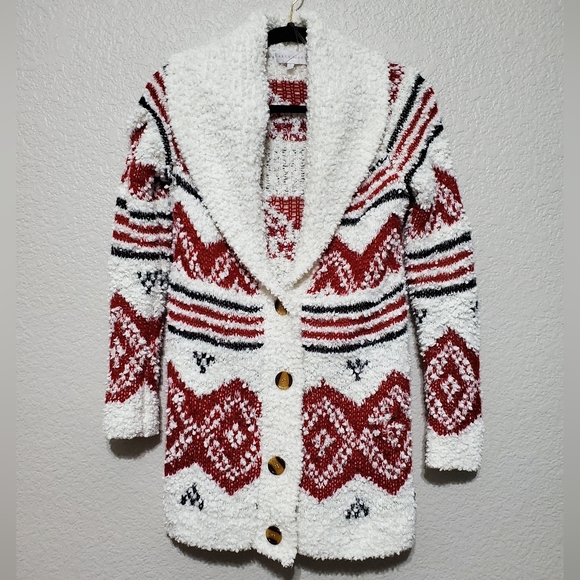 Ally Mae White Knit Red Print Design Long Sleeve Cardigan Women's Size Small - Picture 1 of 7